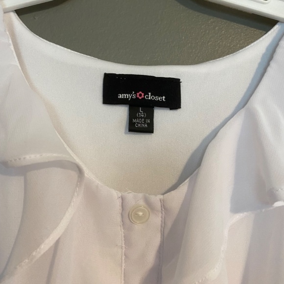 Amy's Closet Beautiful White Lined Front Ruffle Waterfall Button Blouse & Tie 14 - Picture 2 of 8